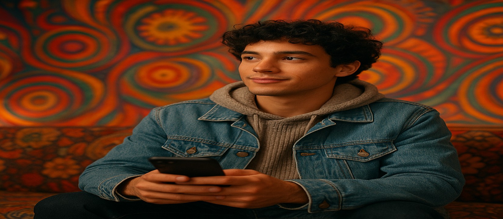 সোফায় আরাম করে বসে একটি স্মার্টফোনে gt9999 অ্যাপ ব্যবহার করছেন একজন ব্যক্তি