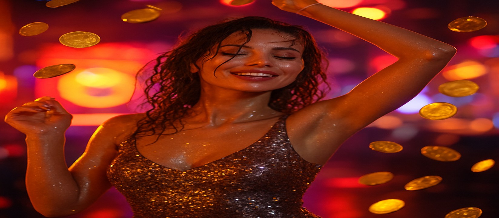 এভিয়েটর গেমে জয়ের আনন্দে উচ্ছ্বাসিত এক নারী, চারপাশে উড়ে বেড়ায় স্বর্ণমুদ্রা