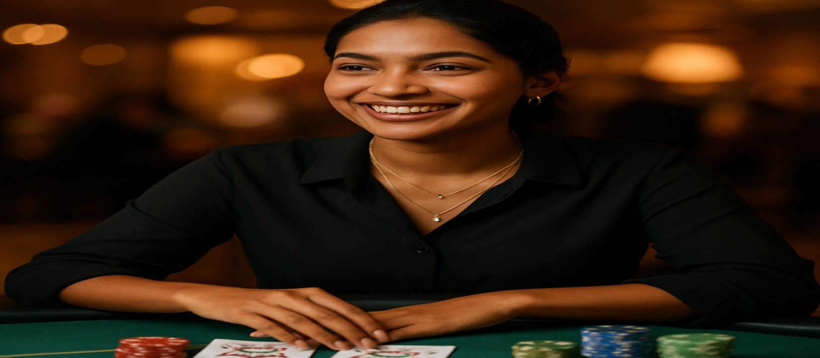 gt9999 প্ল্যাটফর্মে একটি হাসিখুশি নারী কার্ড টেবিলে বসে, সামনে চিপস ও কার্ডসমূহ রেখে বিস্তৃত খেলার নির্বাচনের আয়োজন করেন