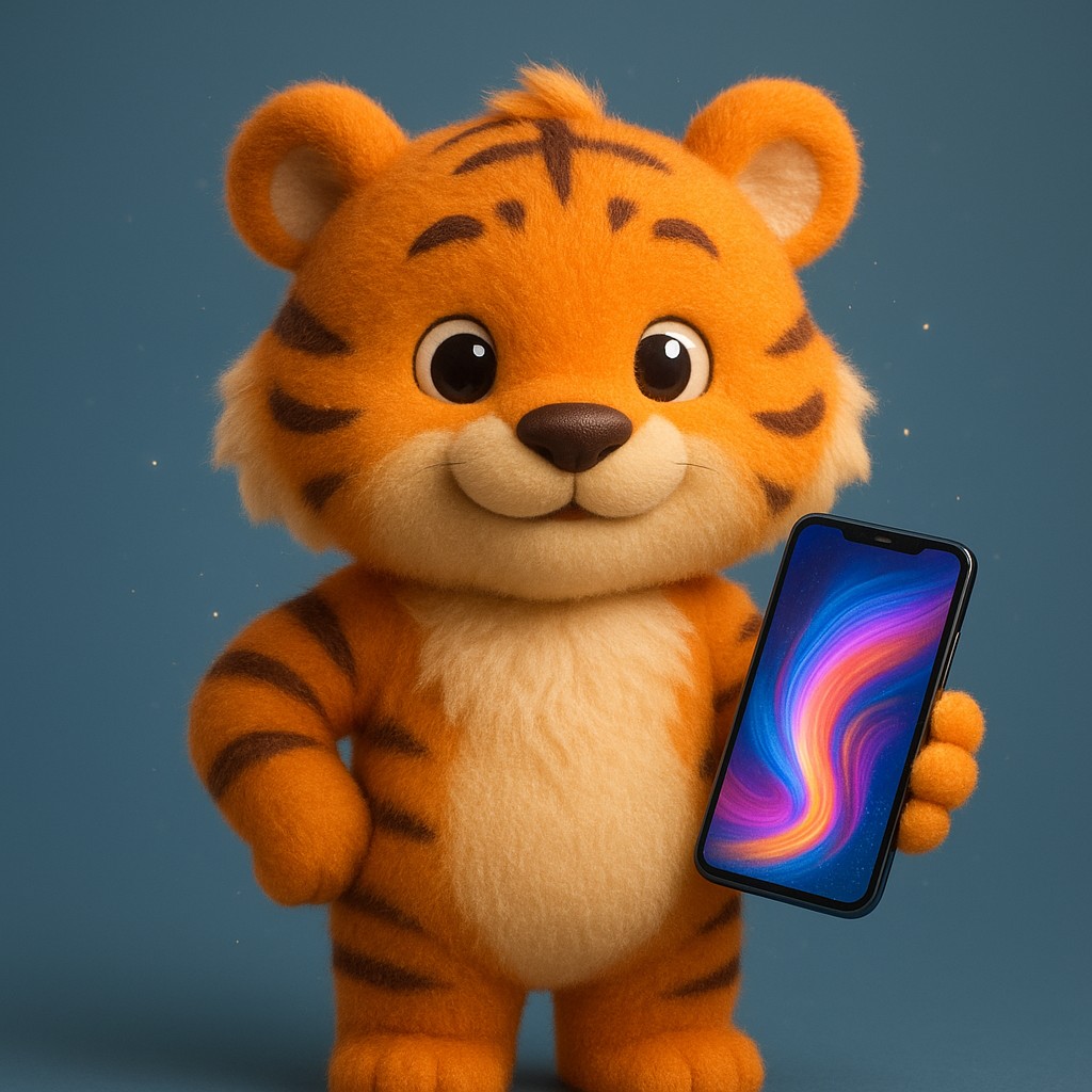 স্মার্টফোনে gt9999 অ্যাপটি ব্যবহার করছে একটি কার্টুন বাঘশাবক