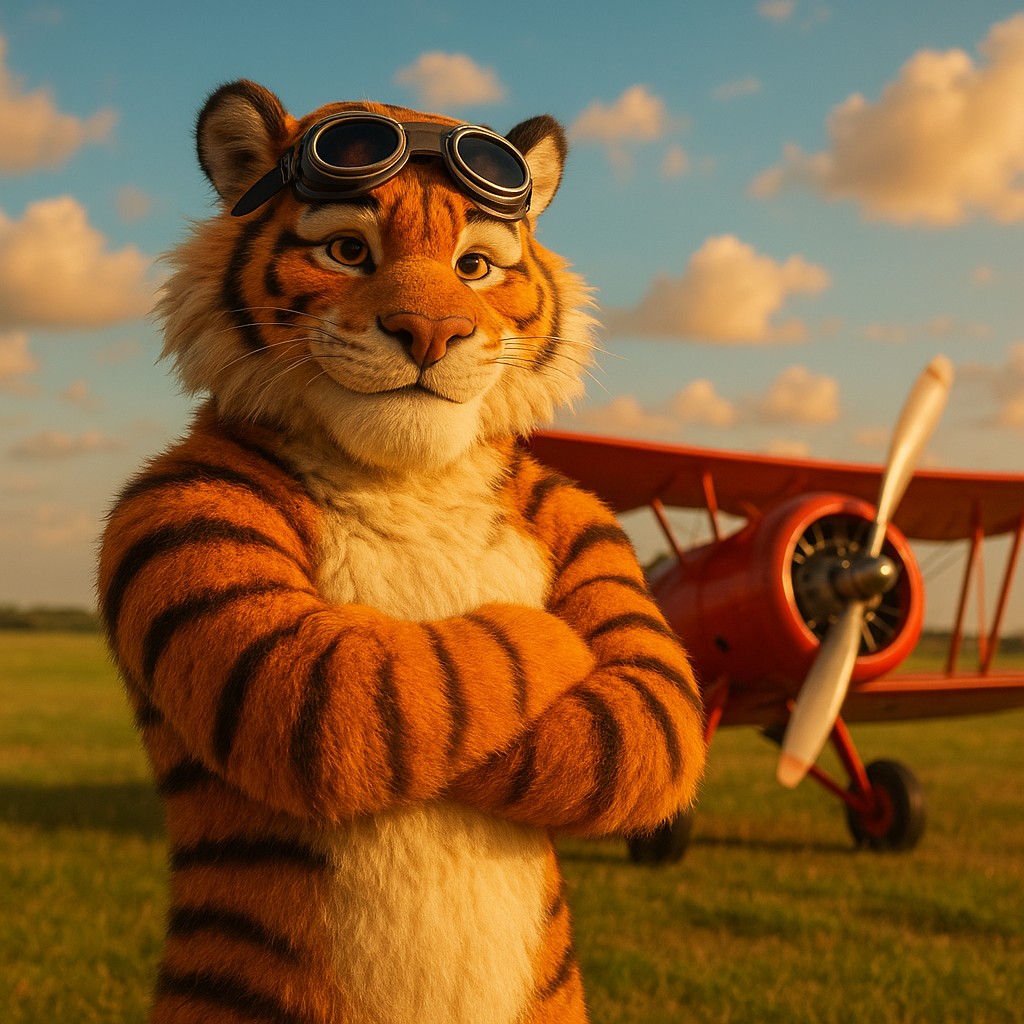 এভিয়েটর গেমটির প্রতীক হিসেবে লাল বিমানের পাশে দাঁড়িয়ে থাকা টাইগার পাইলট