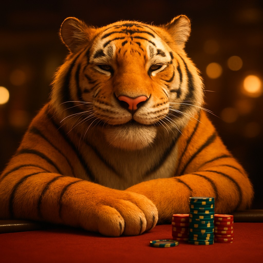 gt9999 গেমিং প্ল্যাটফর্মে চিপস নিয়ে বসে থাকা হাসিখুশি টাইগার শাবক