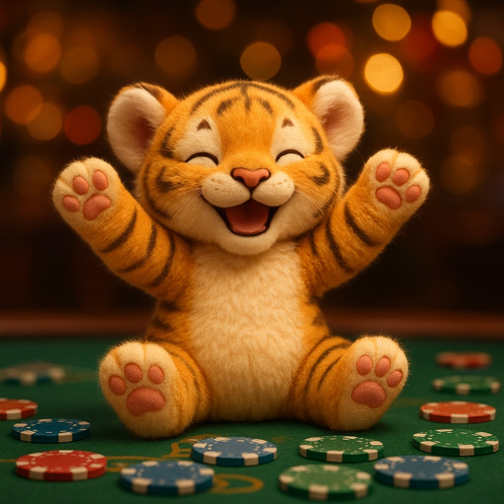 একটি ছোট বাঘের বাচ্চা একটি টেবিলের ওপর বসে আছে, টেবিলে চিপস রয়েছে।