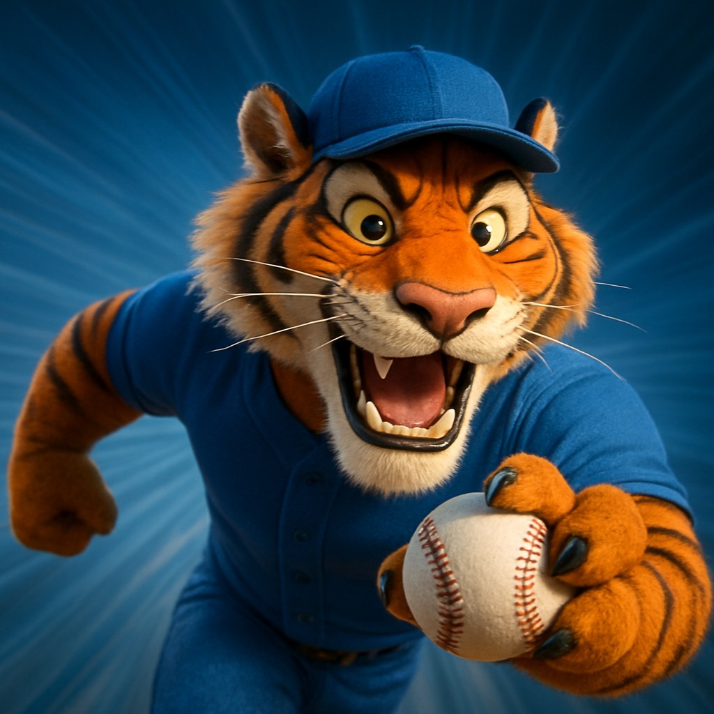 gt9999 ক্রিকেট গেমিংয়ের প্রতীক হিসেবে ইউনিফর্ম পরা একটি আনন্দিত টাইগার শাবক হাতে বল নিয়ে