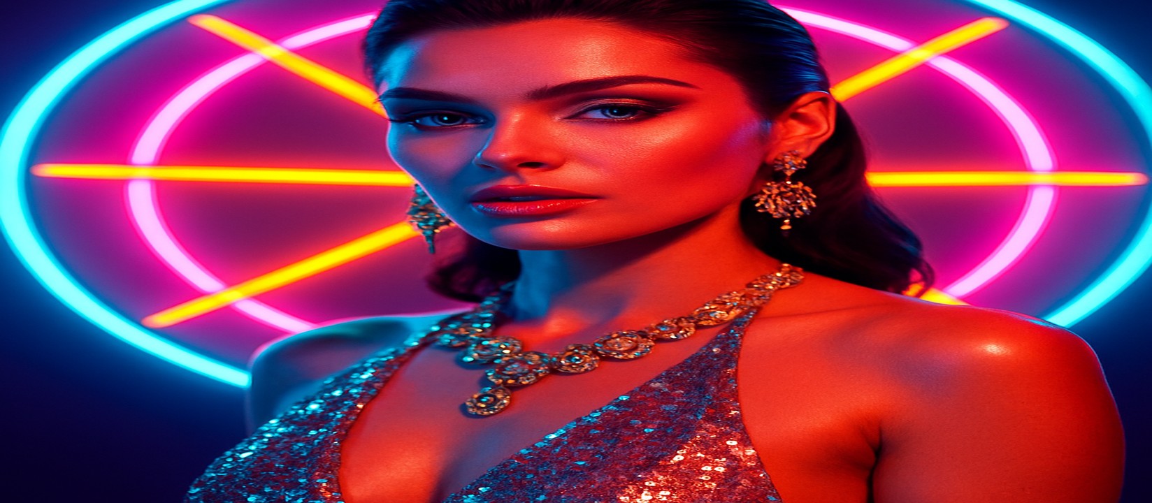 gt9999 রঙিন গেমিং প্ল্যাটফর্মের সামনে উজ্জ্বল পোশাকে এক নারী