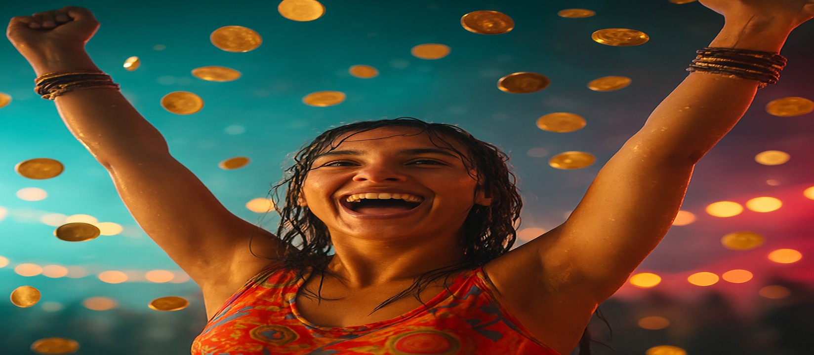 gt9999 মুদ্রার ঝরনার মাঝে রঙিন পোশাকে এক নারী