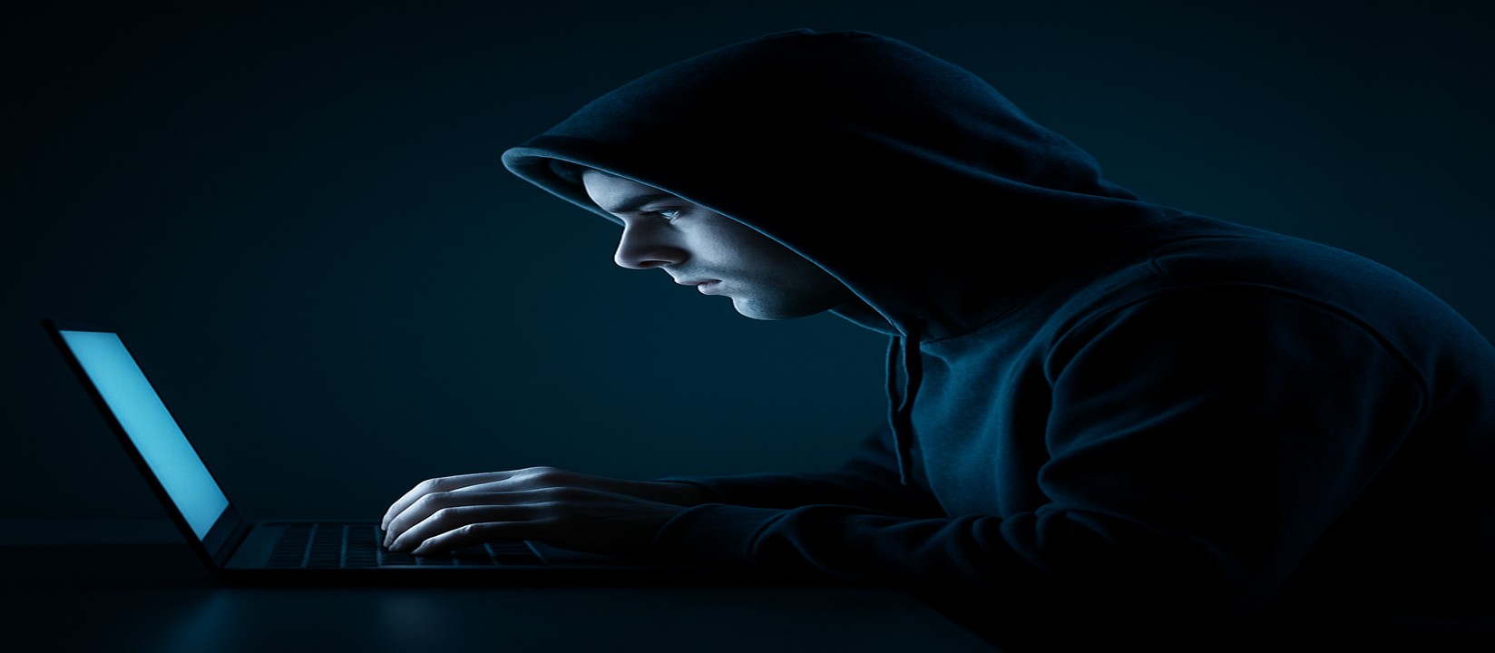 একজন ব্যক্তি অন্ধকার ঘরে ল্যাপটপে মনোযোগ দিয়েই gt9999 ওয়েবসাইটে অনলাইন গেম খেলছেন